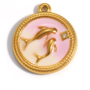 Detail of 18K gold-plated pendant with pink enamel dolphins and a sparkling zircon