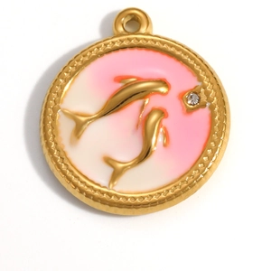 Detail of 18K gold-plated floral pendant with pink enamel and dolphin relief details