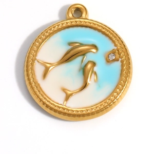 Detailed close-up of 18K gold plated dolphin pendant with blue and white enamel inlay