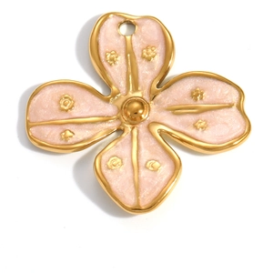 Detail of flower charm pendant with pink enamel and gold-plated floral relief engraving