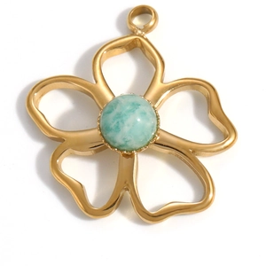 Detailed macro view of an 18K gold-plated flower charm with a blue natural stone inlay