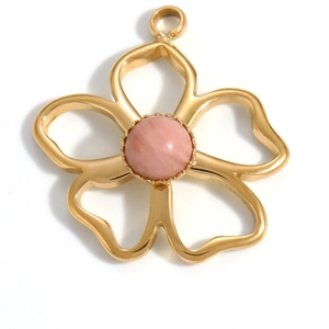 Detailed close-up of a 18K gold-plated flower pendant with a pink stone center