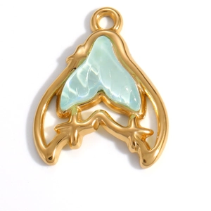 Detail showing 18K gold-plated wing pendant with translucent light green inlay