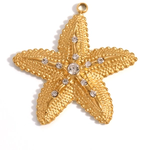 Macro shot of 18K gold starfish pendant with white rhinestones and textured metal details