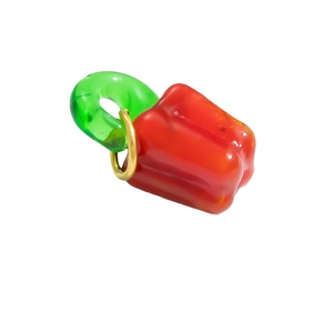 Handmade red chili pepper glass pendant with green loop and gold metal ring for DIY jewelry