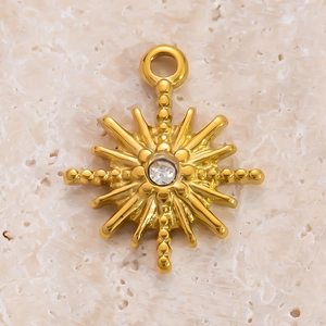 Vue détaillée du pendentif soleil doré avec zircon sur un fond blanc texturé