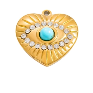 Handmade 18k gold heart pendant with evil eye turquoise and radiant sunburst pattern