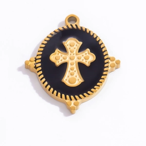 Anhänger aus Edelstahl mit 18k Goldbeschichtung, Kreuz mit Emaille und Kordelrand-Design
