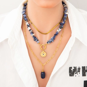 Three-layer 18k gold-plated stainless steel necklace with blue natural stones and sun pendant