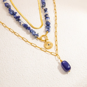 Layered 18k gold-plated stainless steel necklace set with natural lapis lazuli pendants