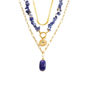 Three-layer 18k gold plated stainless steel necklace with natural blue stones and pendant