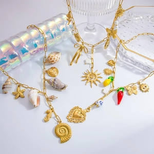 Bohemian Stainless Steel 18K Gold Plated Charm Necklace For Women Shell Sun Heart Evil Eye Butterfly Pendant Jewelry