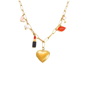 Collier chaîne trombone en acier doré avec breloques émaillées colorées et perle blanche