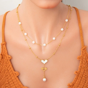 Layered Necklace 18K Gold Plated Stainless Steel Artificial Pearl Shell Heart Butterfly Pendant Retro Jewelry For Women