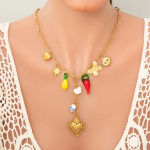 18k gold plated stainless steel necklace with sun and heart charms for women