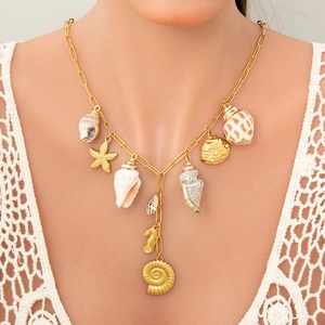 18k gold plated stainless steel necklace with seashell and sea creature charms