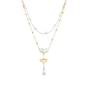 Elegant double layered stainless steel necklace with heart pendants and pearl accents