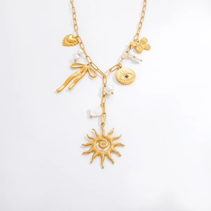 Gold stainless steel sun tarot pendant necklace with pearls and butterfly charms