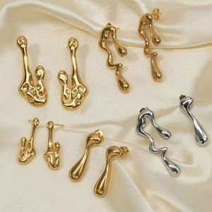 Boucles d'Oreilles Clous en Acier Inoxydable Métal Liquide Plaqué Or 18K Style Lave Irrégulière Bijoux pour Femmes