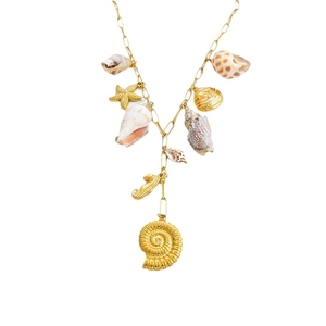 Golden stainless steel necklace with ocean charms including shells, seahorse and starfish
