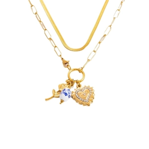 Collier double couche plaqué or 18k avec pendentif fleur de rose et cœur œil maléfique