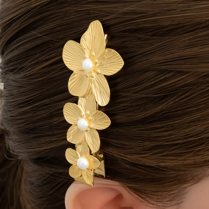 Eleganter goldener Blumen-Haarclip mit Perlen für Damen, minimalistischer Haarschmuck