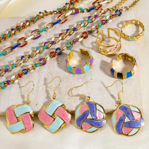 Colorful enamel 18k gold plated jewelry set with rings, necklaces and earrings