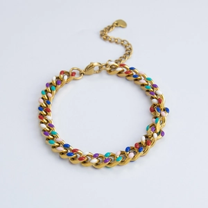Detail of 18k gold plated chain bracelet with colorful enamel links and heart charm