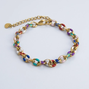 18k gold-plated link bracelet with multi-colored enamel petals and heart charm
