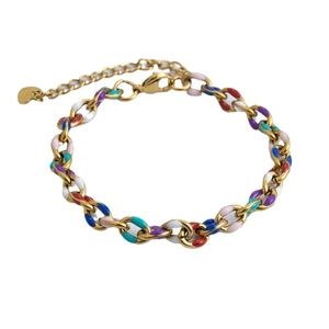 18k gold plated chain bracelet with colorful enamel flower charms and heart tag