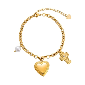 Goldene Edelstahlhalskette mit Perle Herz-Medaillon und Zirkonia-Kreuzanhängern
