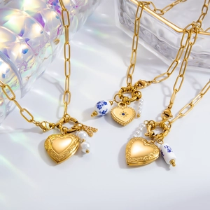 Vintage Stainless Steel Heart Locket Necklace With Blue White Porcelain Bead Faux Artificial Pearl Paperclip Chain Jewelry For Women