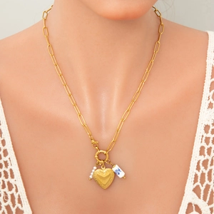 Vintage gold paperclip necklace with embossed heart locket, pearl and ceramic charm