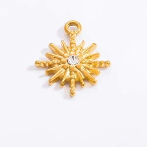 Detailed view of 18k gold starburst evil eye pendant with center crystal inlay