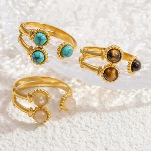 Vintage 18K gold plated stainless steel open rings set with natural stones in three colors
