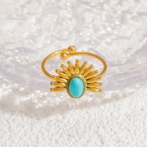 Detail of 18K gold-plated stainless steel ring with turquoise stone and sunburst design