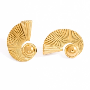Detailed view of 18k gold plated wave earrings with elegant pearl inlay design