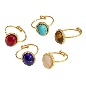 Set of 5 vintage 18K gold plated stainless steel open rings with oval natural stones