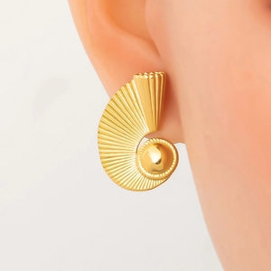 Elegant 18k gold plated stainless steel wave earrings with metallic bead drop