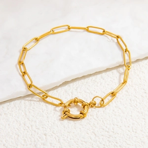 Detail van 18K vergulde roestvrijstalen paperclip armband met grote matrozensluiting