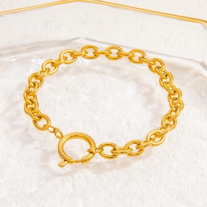 Detail van een 18K vergulde roestvrijstalen schakelarmband met een decoratieve veersluiting