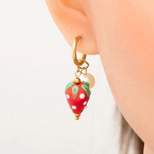 Boucles d'Oreilles Créoles en Acier Inoxydable Forme Fruit pour Femme Fraise Ananas Cerise Pendentif Style Pastoral Perle Artificielle Verre Bijoux d'Été