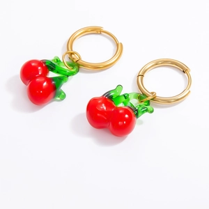 Boucles d'oreilles cerises en acier inoxydable plaqué or 18K avec pendentifs en verre