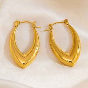 Polished 18K gold plated V-shaped earrings on white silk background for luxury display
