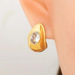 18K gold plated stainless steel teardrop earrings with a large round cubic zirconia