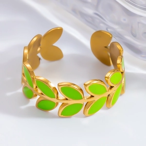 18K gold-plated adjustable leaf ring with green enamel inlay for women