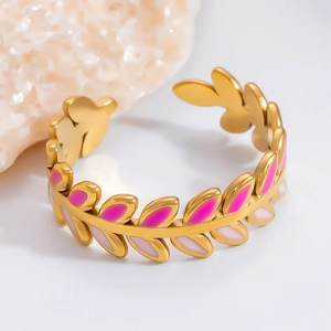 18K gold plated stainless steel open laurel leaf ring with pink enamel filling for women