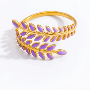 Detail of 18K gold-plated open ring featuring purple enamel leaves in a sleek wrap design