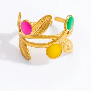 Polished 18K gold olive branch open ring with colorful pink, yellow and green enamel drops