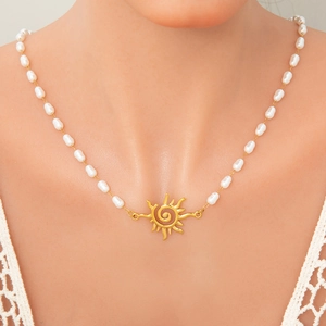 Sun Pendant Artificial Pearl Necklace And Bracelet Stainless Steel 18K Gold Plated Retro Boho Chic Jewelry For Women Elegant